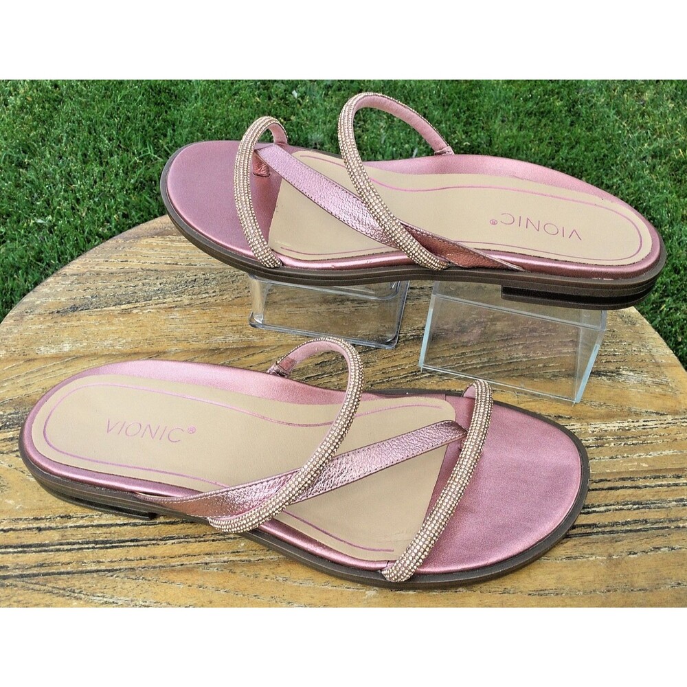 Vionic Prism Sz 6.5M Sandals Rose Gold Citrine Strappy Thong Slide Orthaheel